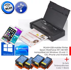 Epson Wf-100w Wifi USB Compact Printer Windows 10 11 Android iPhone + 2x Set Ink - Picture 1 of 4