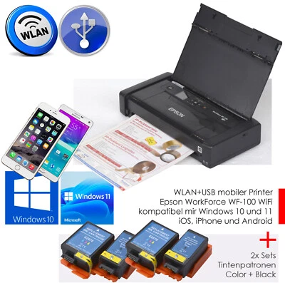 EPSON WF-100W WIFI USB KOMPAKT DRUCKER WINDOWS 10 11 ANDROID IPHONE + 2x SET INK - Bild 1 von 4
