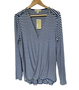 NWT Michael Kors Wrap Front Striped Faux Wrap Long Sleeve Blouse Blue Large - Picture 1 of 4