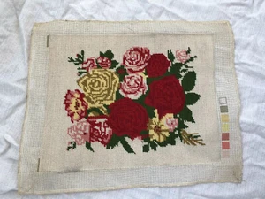 Vintage Needlepoint Completed Roses Flower Handmade Tapestry Piece 11-3/4x9.25" - Picture 1 of 7