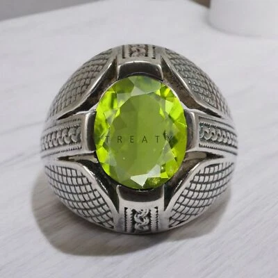 Piedras preciosas de corte ovalado de peridoto con anillo de plata de ley 925 para hombre #A66 * Foto 1 de 4