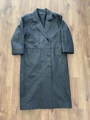 Vintage 1980s Black Genuine Leather Duster Trench Coat Womens Size Large - Image 1 of 4