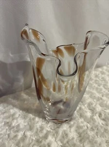 Glass Brown Handkerchief Vase 8.5" Marble Art Glass Vintage Made In Poland EUC - Picture 1 of 8