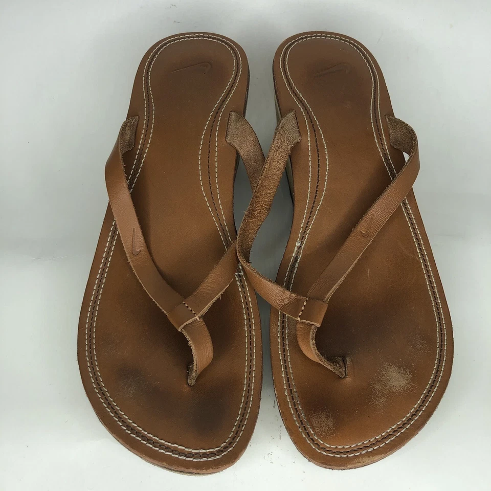 Nike Chanclas Sandalias Cuñas Mujer Talla 9 Marrón Cuero Superior Foto 1 de 4