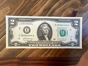 SOLID TRAILING QUAD "4444" in SERIAL NUMBER - E 0806 4444 A of $2 DOLLAR BILL - Picture 1 of 5