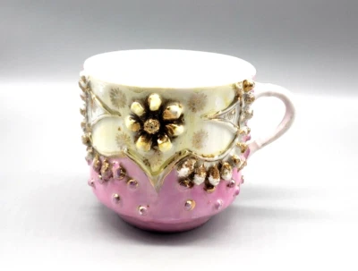 Taza Antigua Taza Interior Labio Victoriano Oro Rosa Porcelana Alemania Elevada Floral Foto 1 de 4