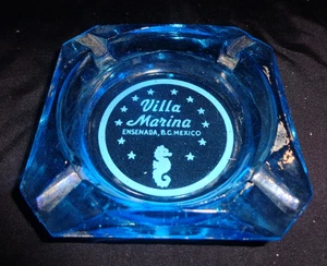 Vintage Marketing Blue Glass Ashtray Villa Marina Ensenada B.C. Mexico MCM - Picture 1 of 5