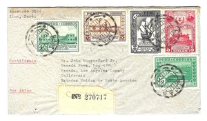 Peru 1936 Registered Airmail Cover Lima-California 5-Color w/Rare 5-Soles #350! - Picture 1 of 2