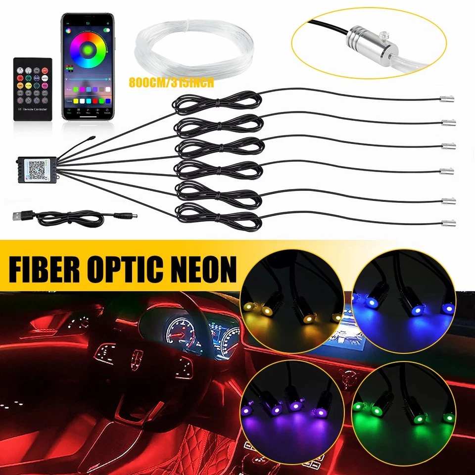 Kit de luz atmosfera faixa de fio EL 8M RGB LED interior de carro fibra óptica neon EL APLICATIVO - Imagem 1 de 4