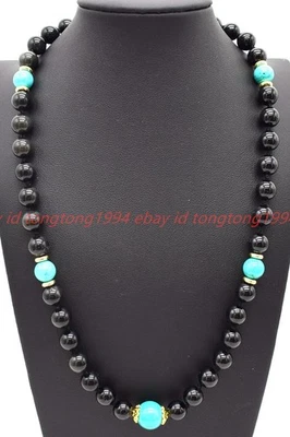 Natürliche 8mm Schwarze Obsidian Türkis Edelstein Runde Perlen Halskette 16-28in - Bild 1 von 4