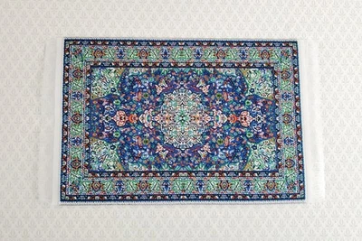 Кукольный домик миниатюрный ковер маленький синий зеленый 6 1/4 «x 3 3/4» с бахромой масштаб 1:12 - Изображение 1 из 4