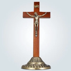 Crucifix Wall Cross Catholic Wooden Standing Crucifix with Jesus Christ and I... - Picture 1 of 6