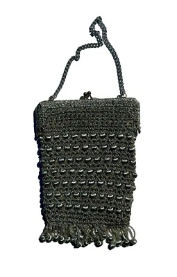 Vtg 60’s Silver Beaded Woven Chain Purse Hand Bag With Clasp - Image 1 of 3