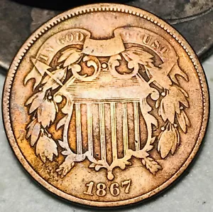 1867 Two Cent Piece 2C Ungraded Circulated US Copper Coin CC24202 - Picture 1 of 5