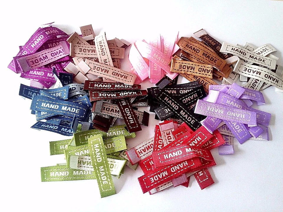 20 Etiketten Aufnäher Handmade Labels 4,5 x 1 cm Applikation blau fuchsie grün