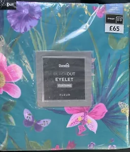 Dunelm Fleur Teal Floral Blackout Eyelet Curtains - 66" x 90" (W x L) Pair - Picture 1 of 8