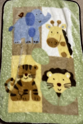 Just Born Safari  Tiger Giraffe Elephant Plush Blanket - Image 1 of 3