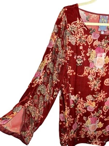 Johnny Was M Medium Paisley Kimi Tunic Blouse Red Burnout Velvet Top $318 - Picture 1 of 7