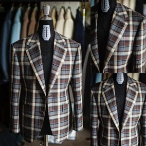Men British Style Cotton Blend Plaid Single Breasted Jacket Notched Lapel Blazer - Picture 1 of 9