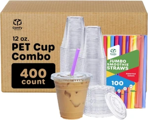 [12 Oz. -,Case of 400 Plastic Cups with Flat Lids & Jumbo Smoothie Straws - Picture 1 of 12