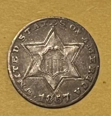 1857  three cent silver ,  VF. scarce date - Image 1 of 4