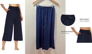 Buttery-Soft Blue Navy Wide Leg Yoga Capris (Sz L) Pockets Dibaolong NWT - Picture 1 of 6