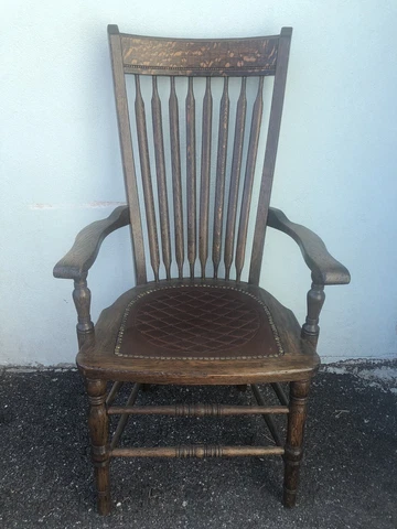 Antique Tiger Oak Arm Chair Desk Chair W/Tooled Leather Seat 44” X 24” X 19” Cover