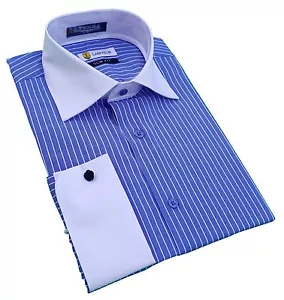 Camicia uomo elegante Labiyeur slim fit polsino francese colletto largo blu/bianco a righe - Foto 1 di 1