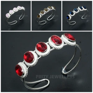 925 Sterling Silver Adjustable Handmade Cuff Bangle Garnet Topaz Quartz Gemstone - Picture 1 of 28