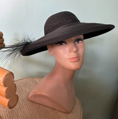 Vintage early to mid 1900's Franklin Simon 5th Ave. black straw wide brim hat - Image 1 of 4