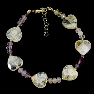 925 Sterling Silver Bracelet Heart Citrine 12mm Fluorite Gemstone Jewelry 7in - Picture 1 of 13