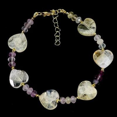 925 Sterling Silver Bracelet Heart Citrine 12mm Fluorite Gemstone Jewelry 7in - Image 1 of 4
