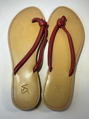 Saks Fifth Avenue Red Leather Flat Sandals Womens 8 Flip Flops - Image 1 of 4