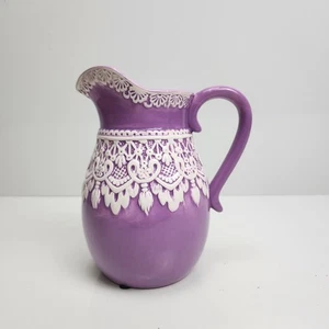 Beautiful Vintage Dainty Purple & White Water Pitcher w/ Handle Home Decor - Picture 1 of 6
