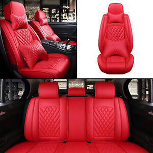 6D Red Universal Car 5-Seat Cover Front Rear PU Leather Interior Cushion 13PCS