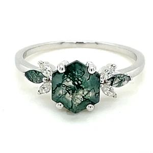 Moss agate Hexagon Ring in 925 Sterling Silver Ring Gemstone Ring for Women - Picture 1 of 7