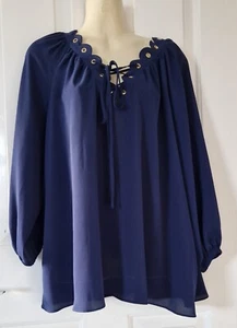 MICHAEL KORS navy blue chiffon top, eyelet & ribbon trim, size XS (38") - Picture 1 of 12
