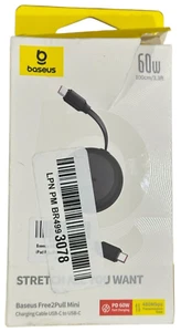 Baseus 60W Free2Pull Mini Retractable Charging Cable USB-C to USB-C Black 3.3ft - Picture 1 of 1