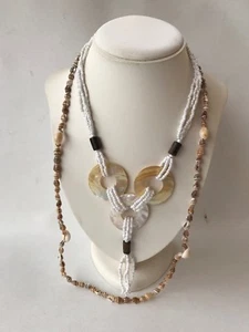 lot 2 vintage nautical sea beach shell wood glass bead pendant tassel necklaces - Picture 1 of 8