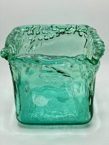 Vase Candle Planter 5.5" Square Green Recycled Art Glass Heavy Ice Texture Spain - Picture 1 of 12