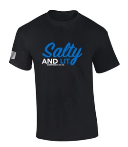 Mens Christian Shirt Salty and Lit Matthew 5:13-14 Scripture Flag Sleeve Short - Picture 1 of 2