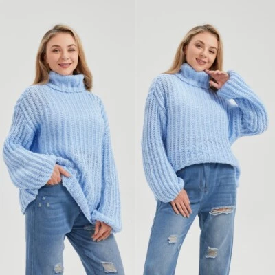 Women Chunky Knitted High Polo Roll Neck Jumper Ladies Baggy Oversized Top Dress - Image 1 of 4