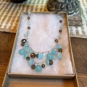 Handmade Double Aqua Chalcedony, Smokey Quartz Sterling Silver Necklace 925 20” - Picture 1 of 8