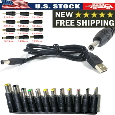5V 2A Universal USB to DC Jack Charging Cable Adapter Power Cord w/ 12Pcs Tips - Image 1 of 4