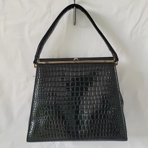 Vintage JR Florida USA Black Patent Alligator Handbag Purse 50s 60s Foot Pegs - Picture 1 of 13