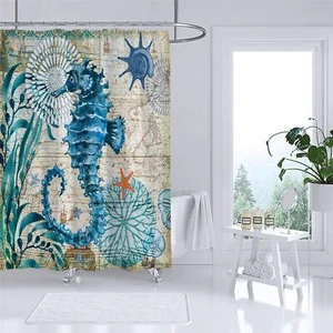 Sea Horse Ocean Animal Beach Theme Fabric Shower Curtain Sets Bathroom Decor ... - Picture 1 of 5