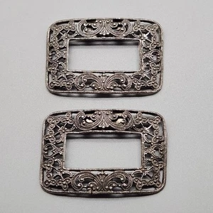 Vtg Musi Pilgrim Shoe Clips Ornate Filigree Rectangles Pewter Silver Tone Read - Picture 1 of 7
