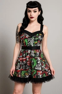 Hell Bunny Damen B-Movie Monster Print Minikleid Größe L Rockabilly Retro Pinup - Bild 1 von 20