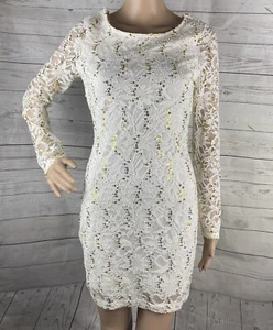 Emerald Sundae Lace Dress Medium Ivory Gold Sequin Long Sleeve Drape Back Short - Picture 1 of 12