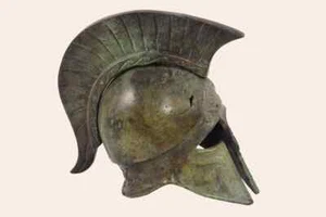 Medieval Greek Corinthian Helmet Engraved Chamois In Metope Ancient Bronze LARP - Picture 1 of 7